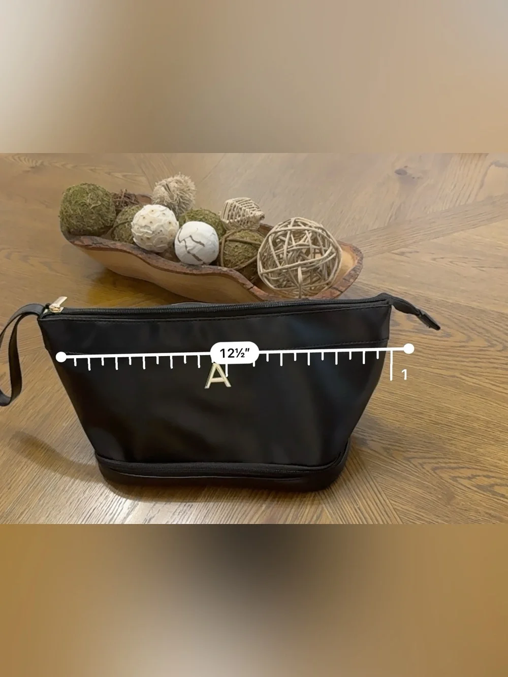 Black Nylon Travel Makeup Cosmetic Toiletry Bag Gold Initial A Wristlet 12.5”